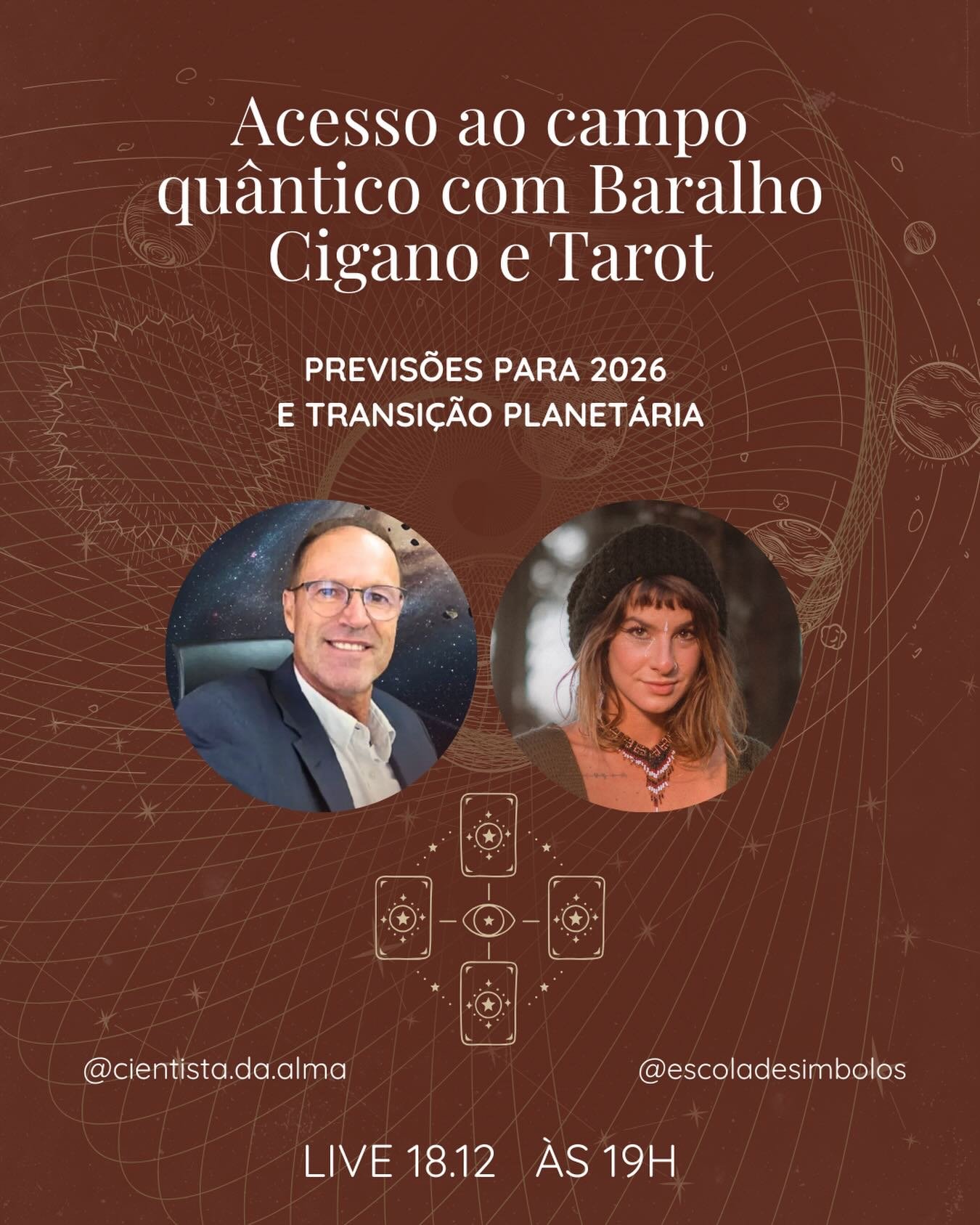O que o campo quântico já revela sobre 2026? ✨

Vamos fazer uma leitura profunda com Tarot, Baralho Cigano, que transpassa a evolução da consciência planetária e o momento de transição que estamos vivendo.

🪬 19/12 às 19h — ao vivo aqui no Instagram! 
Ative o lembrete e venha atravessar esse portal com a gente. 🔮